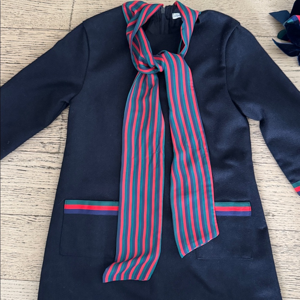 PICCOLA SPERANZA Navy Dress w/bow striped detailing, matching headband/socks 10. - Picture 3 of 13